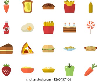 Color flat icon set spaghetti flat vector, hamburger, hot dog, pizza, piece of cake, porridge, pie, lollipop, carrot, bell pepper, French fries, scrambled eggs, Strawberry, mustard, ketchup