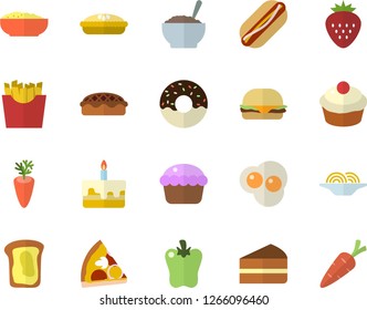 Color flat icon set spaghetti flat vector, hamburger, hot dog, pizza, cupcake, piece of cake, donut, porridge, pie, carrot, bell pepper, French fries, scrambled eggs, Strawberry, sandwich