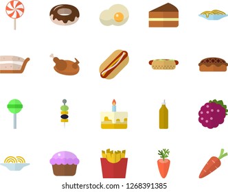 Color flat icon set spaghetti flat vector, hot dog, cupcake, piece of cake, donut, pie, chicken, lollipop, carrot, French fries, scrambled eggs, blackberry, canape, mustard