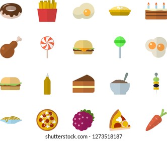 Color flat icon set spaghetti flat vector, hamburger, pizza, piece of cake, donut, porridge, pie, chicken, lollipop, French fries, scrambled eggs, blackberry, canape, mustard, carrot