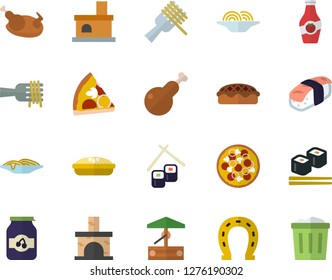 Color flat icon set spaghetti on a fork flat vector, pizza, pie, chicken, fish rolls, sashimi, jam, ketchup, well, horseshoe, fireplace, trash can