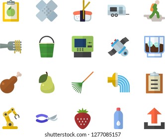 Color flat icon set spaghetti on a fork flat vector, chicken, sashimi, whiskey, Strawberry, pear, secateurs, rake, bucketful, hose irrigation, patch, satellit, industrial robot, diet, water, hike
