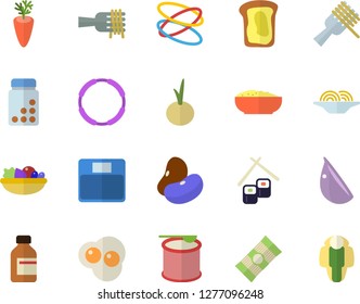 Color flat icon set spaghetti flat vector, legumes, on a fork, salad, porridge, carrot, garlic, onion, fish rolls, scrambled eggs, sandwich, vial, weighing machine, vitamins, steroids, hoop