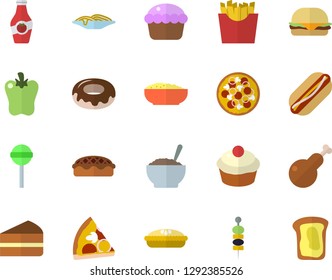 Color flat icon set spaghetti flat vector, hamburger, hot dog, pizza, cupcake, piece of cake, donut, porridge, pie, chicken, lollipop, bell pepper, French fries, canape, ketchup, sandwich