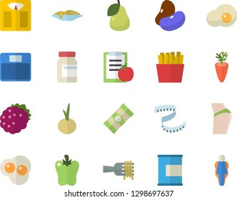 Color flat icon set spaghetti flat vector, legumes, on a fork, carrot, onion, bell pepper, French fries, scrambled eggs, blackberry, pear, diet, weighing machine, centimeter, buttocks, vitamins