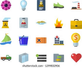 Color flat icon set spaghetti flat vector, pickup truck, flower, bucketful, bonfire, factory, case, idea, sailboat, hospital, badge, sticker, bulb, nuclear power plant, sneakers, ticket fector, menu