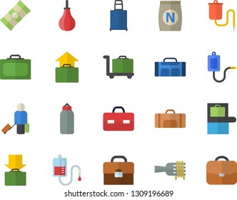 Color flat icon set spaghetti flat vector, on a fork, fertilizer vectory, medical warmer, blood transfusion, briefcase, sports pear, sport bag, luggage fector, suitcase, baggage claim, get, hand
