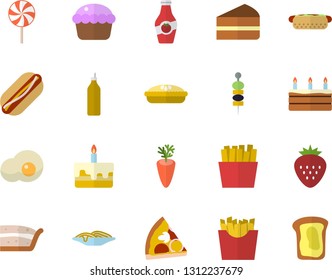 Color flat icon set spaghetti flat vector, hot dog, pizza, cupcake, piece of cake, pie, lollipop, carrot, French fries, scrambled eggs, Strawberry, canape, mustard, ketchup, sandwich