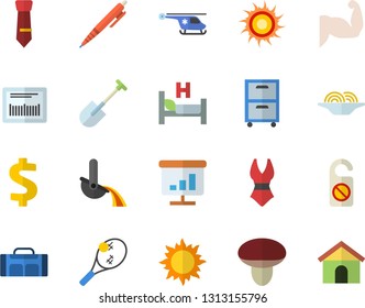 Color flat icon set spaghetti flat vector, mushroom, shovel, sun, metallurgy, dollar, barcode, hospital bed, helicopter, chart, tie, archive, pen, muscles, swimsuit, sport bag, fector, tennis, house