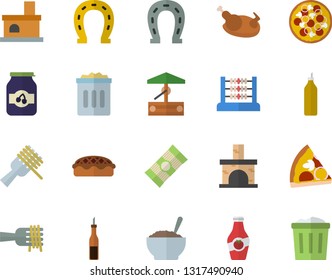 Color flat icon set spaghetti flat vector, sauce, on a fork, pizza, porridge, pie, chicken, jam, mustard, ketchup, well, horseshoe, fireplace, abacus, trash can