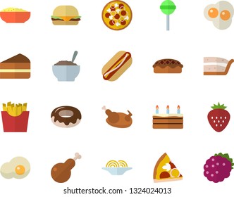 Color flat icon set spaghetti flat vector, hamburger, hot dog, pizza, piece of cake, donut, porridge, pie, chicken, lollipop, French fries, scrambled eggs, Strawberry, blackberry