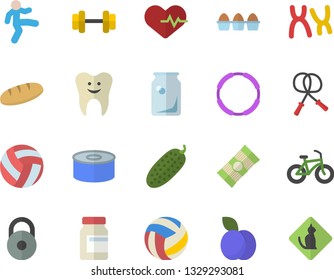 Color flat icon set spaghetti flat vector, egg, bread, canned food, cucumber, plum, glass bottles, chromosomes, tooth, dumbbell, weight, volleyball, heartbeat, bicycle, vitamins, skipping rope, hoop