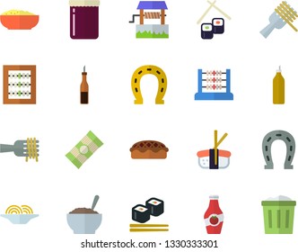 Color flat icon set spaghetti flat vector, sauce, on a fork, porridge, pie, fish rolls, sashimi, jam, mustard, ketchup, well, horseshoe, abacus, trash can