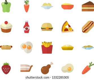 Color flat icon set spaghetti flat vector, hamburger, hot dog, pizza, cupcake, piece of cake, porridge, pie, chicken, carrot, bell pepper, French fries, scrambled eggs, Strawberry, ketchup