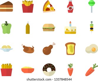 Color flat icon set spaghetti flat vector, hamburger, pizza, piece of cake, donut, porridge, chicken, lollipop, carrot, bell pepper, French fries, scrambled eggs, canape, mustard, ketchup, sandwich