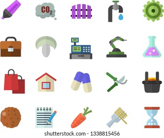 Color flat icon set spaghetti on a fork flat vector, mushroom, cutlet, carrot, fence, secateurs, water tap, carbon dioxide, robotics, metallurgy, cogwheel, marker, bags, cash machine, pills, flask