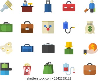 Color flat icon set spaghetti on a fork flat vector, popcorn, fertilizer vectory, case, investments, wealth, bags, medical warmer, blood transfusion, briefcase, sport bag, luggage fector, suitcase