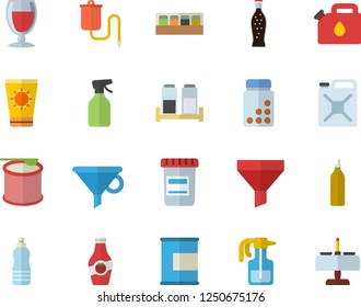 Color flat icon set spice flat vector, lemonade, wine, mustard, ketchup, pulverizer, canister, funnel, vial, medical warmer, vitamins, proteins, steroids, water, sun protection cream fector
