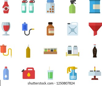 Color flat icon set spice flat vector, lemonade, wine, soda, mustard, ketchup, pulverizer, canister, funnel, vial, medical warmer, ampoule, vitamins, proteins, water, romantic dinner fector