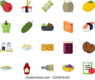 Color flat icon set spice flat vector, flour, groats, spaghetti, ketchup, lemon, cheese, on a fork, salad, coffee beans, bell pepper, cucumber, sashimi, jam, cranberry, diet