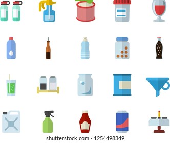 Color flat icon set spice flat vector, ketchup, sauce, lemonade, wine, soda, pulverizer, canister, glass bottles, funnel, vial, ampoule, vitamins, proteins, steroids, water, romantic dinner fector