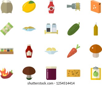 Color flat icon set spice flat vector, flour, groats, spaghetti, ketchup, lemon, cheese, on a fork, mushroom, hot peppers, cucumber, jam, mustard, carrot, diet