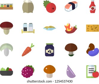 Color flat icon set spice flat vector, flour, legumes, cheese, spaghetti, mushroom, salad, garlic, hot peppers, sashimi, jam, cranberry, blackberry, ketchup, carrot, diet