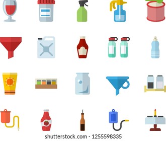 Color flat icon set spice flat vector, ketchup, sauce, wine, pulverizer, canister, glass bottles, funnel, vial, medical warmer, ampoule, steroids, water, sun protection cream fector, romantic dinner