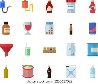Color flat icon set spice flat vector, ketchup, sauce, lemonade, wine, soda, mustard, canister, glass bottles, funnel, vial, medical warmer, vitamins, proteins, steroids, water