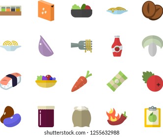 Color flat icon set spice flat vector, flour, groats, spaghetti, legumes, on a fork, mushroom, salad, coffee beans, garlic, hot peppers, sashimi, jam, cranberry, ketchup, carrot, diet