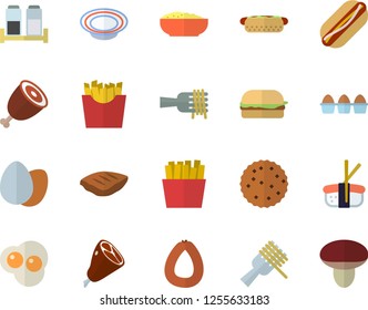 Color flat icon set spice flat vector, sausage, egg, spaghetti on a fork, hamburger, hot dog, dish, porridge, ham, chop, French fries, sashimi, scrambled eggs, biscuit, mushroom