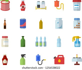 Color flat icon set spice flat vector, ketchup, sauce, lemonade, mustard, pulverizer, canister, glass bottles, vial, medical warmer, ampoule, vitamins, steroids, water, romantic dinner fector