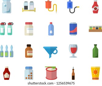 Color flat icon set spice flat vector, ketchup, sauce, lemonade, wine, glass bottles, funnel, vial, medical warmer, ampoule, vitamins, steroids, water, sun protection cream fector