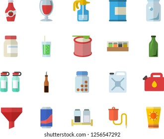 Color flat icon set spice flat vector, sauce, lemonade, wine, soda, ketchup, pulverizer, canister, glass bottles, funnel, medical warmer, ampoule, vitamins, proteins, steroids