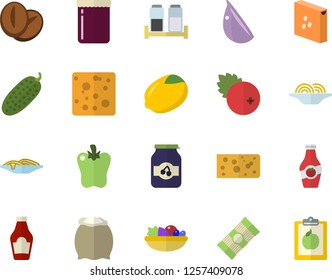 Color flat icon set spice flat vector, flour, groats, spaghetti, ketchup, lemon, cheese, salad, coffee beans, garlic, bell pepper, cucumber, jam, cranberry, diet