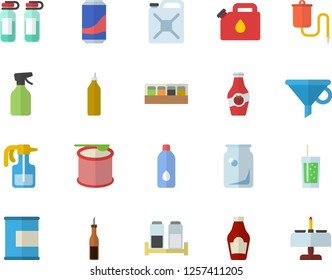 Color flat icon set spice flat vector, ketchup, sauce, lemonade, soda, mustard, pulverizer, canister, glass bottles, funnel, medical warmer, ampoule, proteins, steroids, water