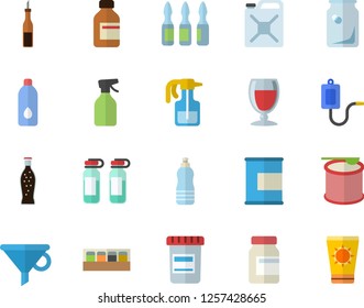 Color flat icon set spice flat vector, sauce, lemonade, wine, pulverizer, canister, glass bottles, funnel, vial, medical warmer, ampoule, vitamins, proteins, steroids, water Color flat icon set spice flat vector, sauce, lemonade, wine, pulverizer, canister, glass bottles, funnel, vial, medical warmer, ampoule, vitamins, proteins, steroids, water
