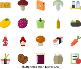 Color flat icon set spice flat vector, flour, groats, ketchup, lemon, cheese, mushroom, salad, coffee beans, bell pepper, sashimi, jam, blackberry, mustard, carrot, diet