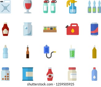 Color flat icon set spice flat vector, ketchup, sauce, lemonade, wine, soda, mustard, pulverizer, canister, glass bottles, medical warmer, ampoule, vitamins, proteins, water