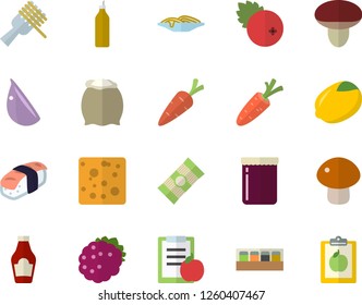 Color flat icon set spice flat vector, flour, spaghetti, ketchup, lemon, cheese, on a fork, mushroom, garlic, sashimi, jam, cranberry, blackberry, mustard, carrot, diet
