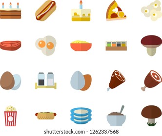 Color flat icon set spice flat vector, egg, plates, chop, hot dog, pizza, cake, porridge, ham, popcorn, scrambled eggs, mushroom