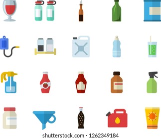 Color flat icon set spice flat vector, ketchup, sauce, lemonade, wine, soda, pulverizer, canister, glass bottles, funnel, vial, medical warmer, ampoule, vitamins, proteins, water