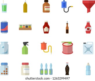 Color flat icon set spice flat vector, ketchup, sauce, lemonade, soda, mustard, pulverizer, canister, glass bottles, funnel, vial, medical warmer, ampoule, vitamins, steroids, water