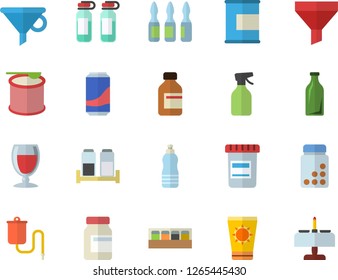 Color flat icon set spice flat vector, lemonade, wine, pulverizer, glass bottles, funnel, vial, medical warmer, ampoule, vitamins, proteins, steroids, water, sun protection cream fector