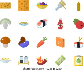 Color flat icon set spice flat vector, groats, spaghetti, legumes, cheese, on a fork, mushroom, salad, hot peppers, sashimi, cranberry, mustard, ketchup, carrot, diet