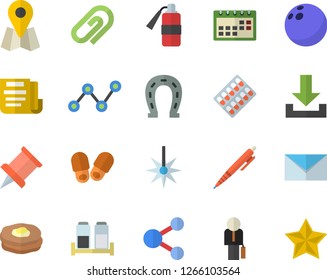 Color flat icon set spice flat vector, pancakes, horseshoe, laser, location, scatter chart, pill packaging, calendar, document, businessman, pen, mail, pushpin, bowling ball, slippers fector, share