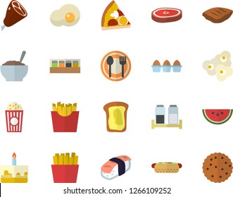 Color flat icon set spice flat vector, table setting, egg, watermelon, hot dog, pizza, cake, porridge, ham, chop, French fries, sashimi, popcorn, scrambled eggs, sandwich, biscuit