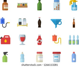 Color flat icon set spice flat vector, sauce, lemonade, wine, ketchup, pulverizer, canister, glass bottles, funnel, vial, medical warmer, ampoule, vitamins, water