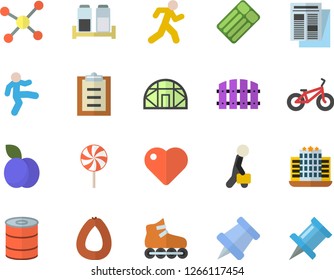 Color flat icon set spice flat vector, sausage, canned food, lollipop, plum, fence, greenhouse, news, heart, businessman, molecule, pushpin, bicycle, roller Skates, gymnastics, run, hotel fector