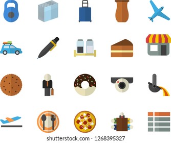 Color flat icon set spice flat vector, table setting, jugful, biscuit, pizza, piece of cake, donut, metallurgy, store front, sticker, meeting, businessman, pen, weight, aircraft fector, car, luggage